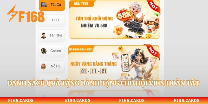 Danh sách quà tặng dành tặng cho hội viên hoàn tất thêm vốn cược